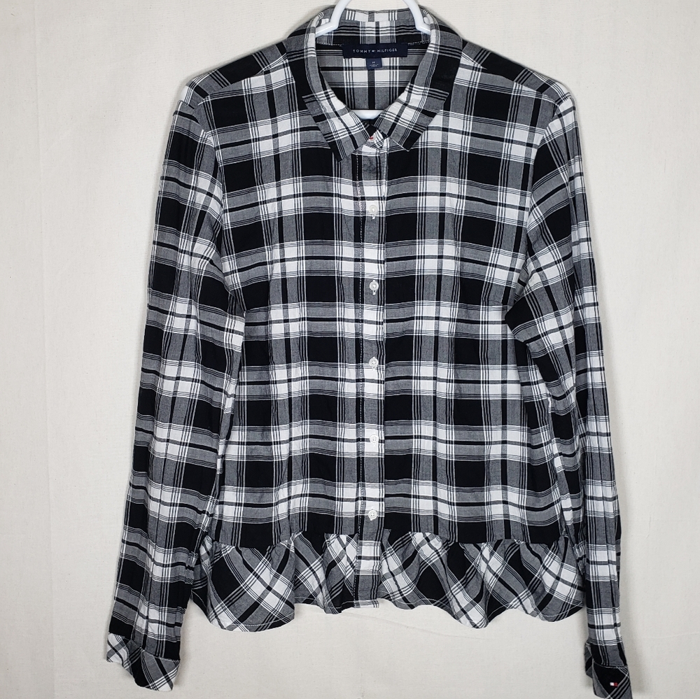 Tommy Hilfiger black and white plaid button up top